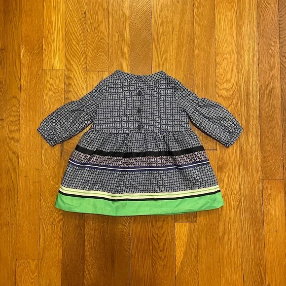 Janie and Jack Blue & Green Satin Dot Long PuffSleeve Bow Dress, Size 3-6Months - Picture 3 of 5